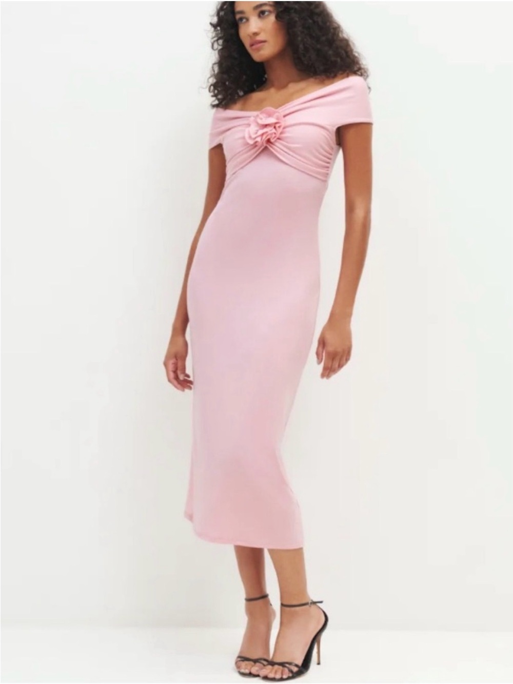 Reformation Off-Shoulder Pink Midi Dress with Rosette Detail